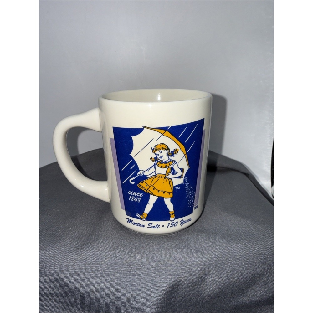Morton Salt 150th Anniversary Mug 1968 Logo Umbrella Girl Bryan China Vtg 1998